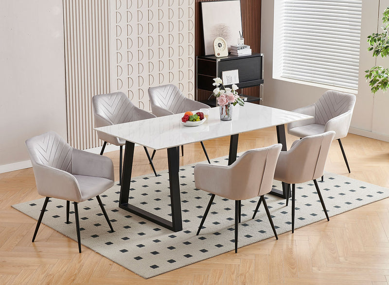 White Aurora Luxe Dining Set – 5-Piece Elegance in Marble & Velvet