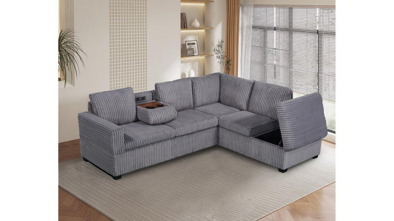 Snug Grey Corduroy Sectional Sofa W/ Storage and USB plug