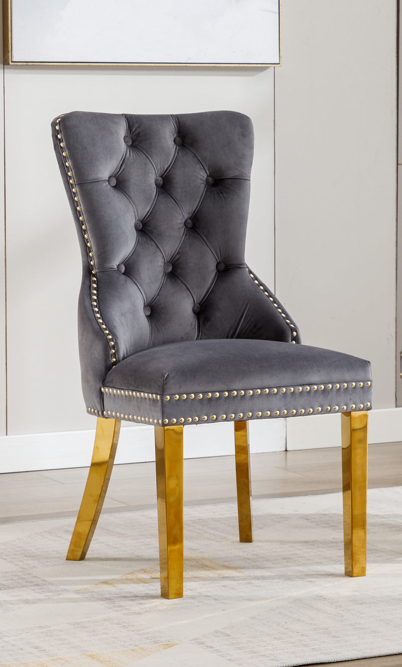 Chaises de salle à manger Royale en velours gris avec accents dorés - Ensemble de 2