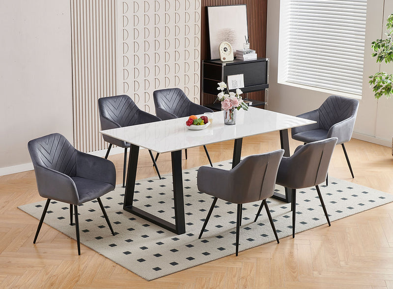 Dark Grey Aurora Noir Dining Set – 7-Piece in Marble & Charcoal Velvet