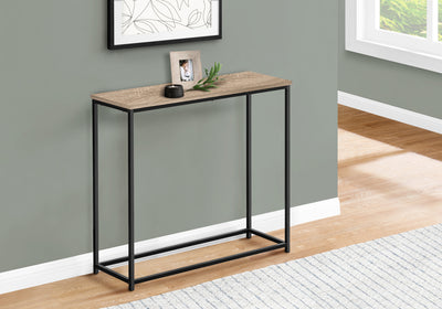 Modern Brown Laminate Accent Table with Black Metal Base for Living Room or Entryway