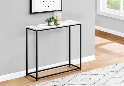 Modern White Marble Look Accent Table with Black Metal Frame - Contemporary Console Table for Living Room or Entryway