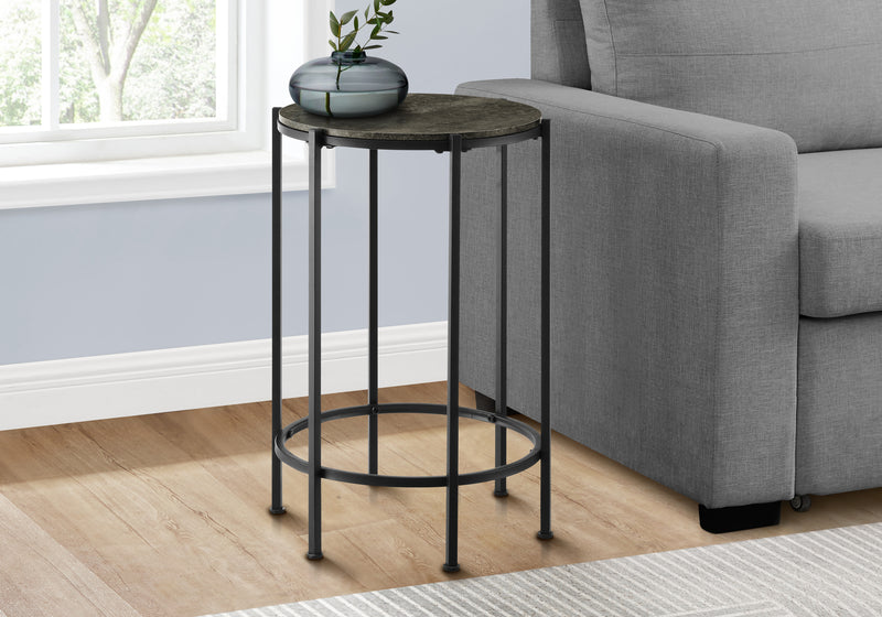 Contemporary Round Accent Table in Dark Bronze Laminate and Black Metal