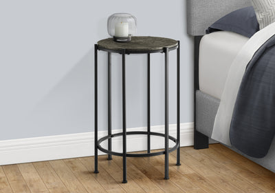 Contemporary Round Accent Table in Dark Bronze Laminate and Black Metal