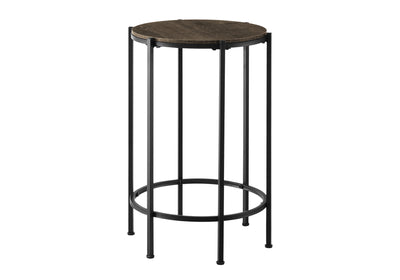 Contemporary Round Accent Table in Dark Oak Laminate with Black Metal Base