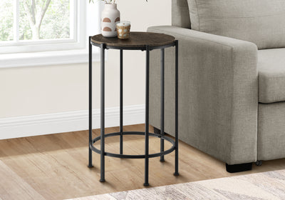 Contemporary Round Accent Table in Dark Oak Laminate with Black Metal Base