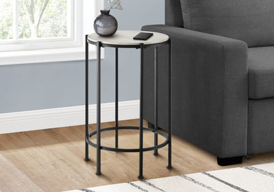 Contemporary Round Accent Table in Washed Oak Laminate with Black Metal Base