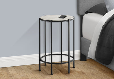 Contemporary Round Accent Table in Washed Oak Laminate with Black Metal Base