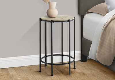 Contemporary Round Accent Table in Cream Stone Laminate with Black Metal Base