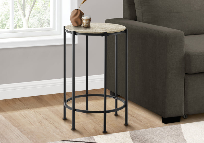 Contemporary Round Accent Table in Cream Stone Laminate with Black Metal Base