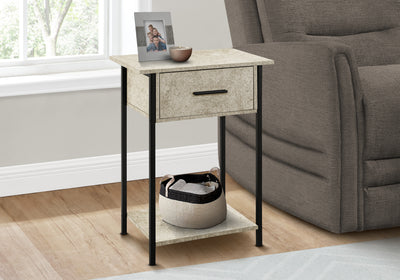 Contemporary 2 Tier Accent Table with Storage Drawer, Cream Stone Laminate & Black Metal