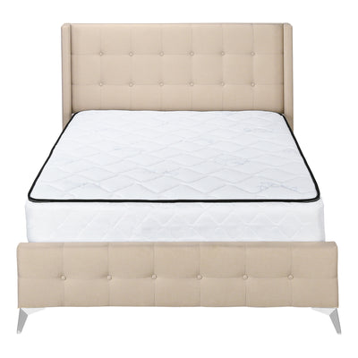 Lit Queen Size rembourré en lin beige avec pieds en métal chromé - Meubles de chambre à coucher