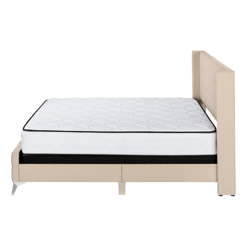 Lit Queen Size rembourré en lin beige avec pieds en métal chromé - Meubles de chambre à coucher