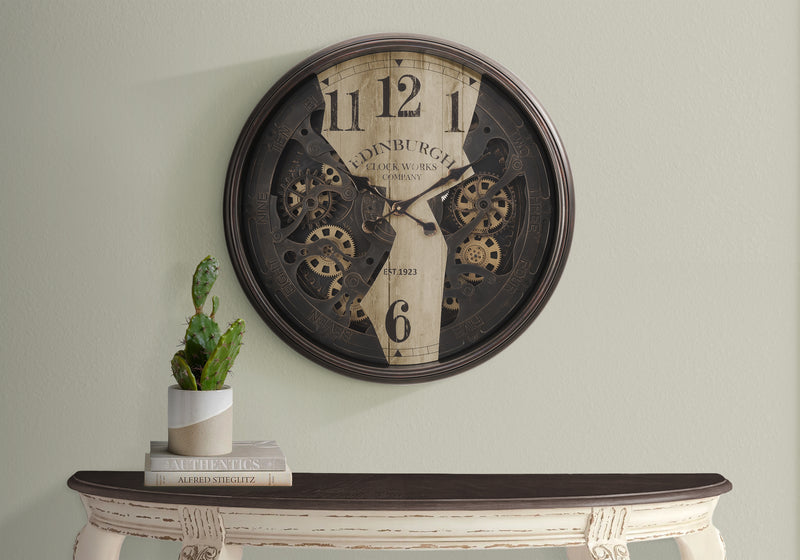 Horloge murale ronde de 30 po avec mécanisme à engrenages en marron - Style transitionnel