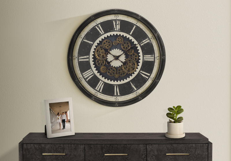 Grande horloge murale ronde surdimensionnée avec mécanisme à engrenages marron de style transitionnel 30"