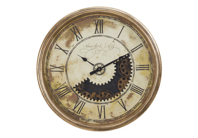 Horloge murale ronde en or antique de 30 po avec mécanisme à engrenages - Grand design transitionnel surdimensionné