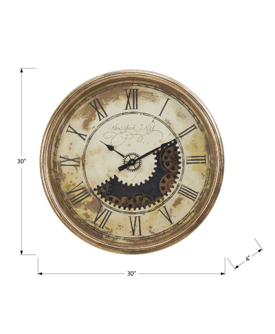 Horloge murale ronde en or antique de 30 po avec mécanisme à engrenages - Grand design transitionnel surdimensionné