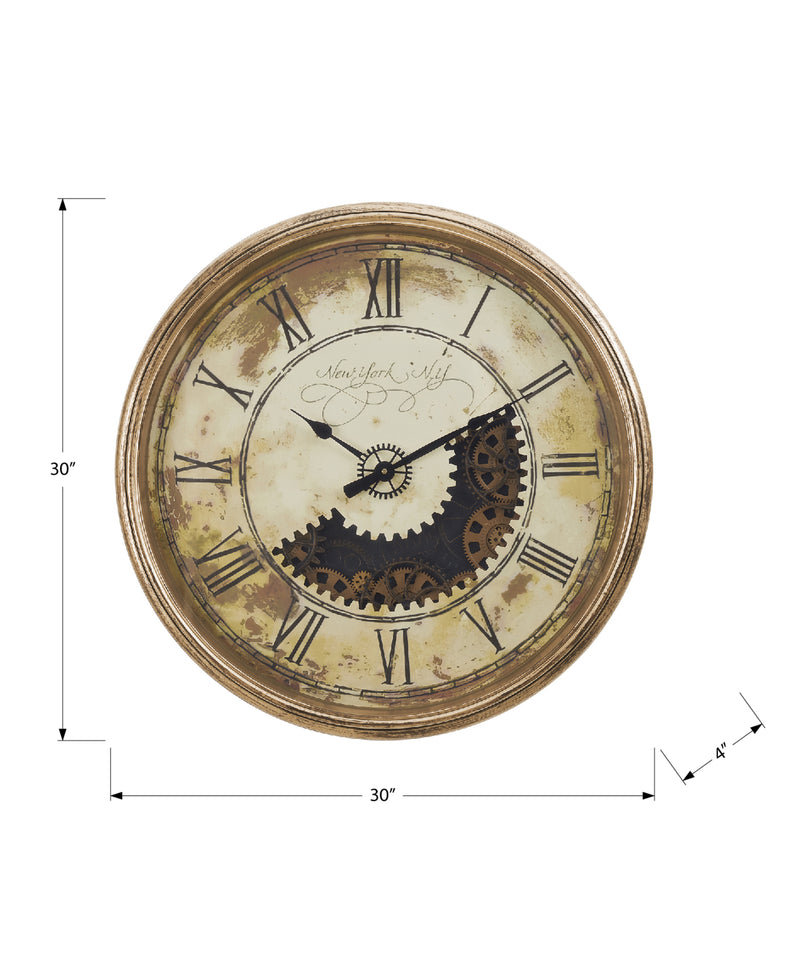 Horloge murale ronde en or antique de 30 po avec mécanisme à engrenages - Grand design transitionnel surdimensionné