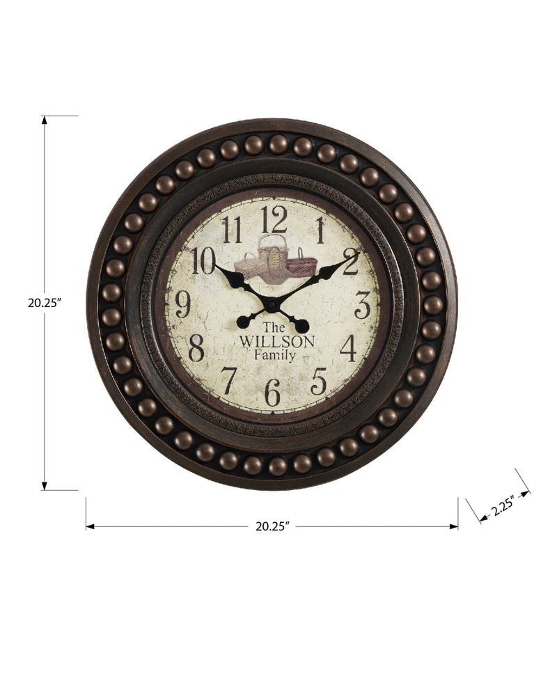 Horloge murale ronde de 20 po de style transitionnel marron antique - Décor vintage