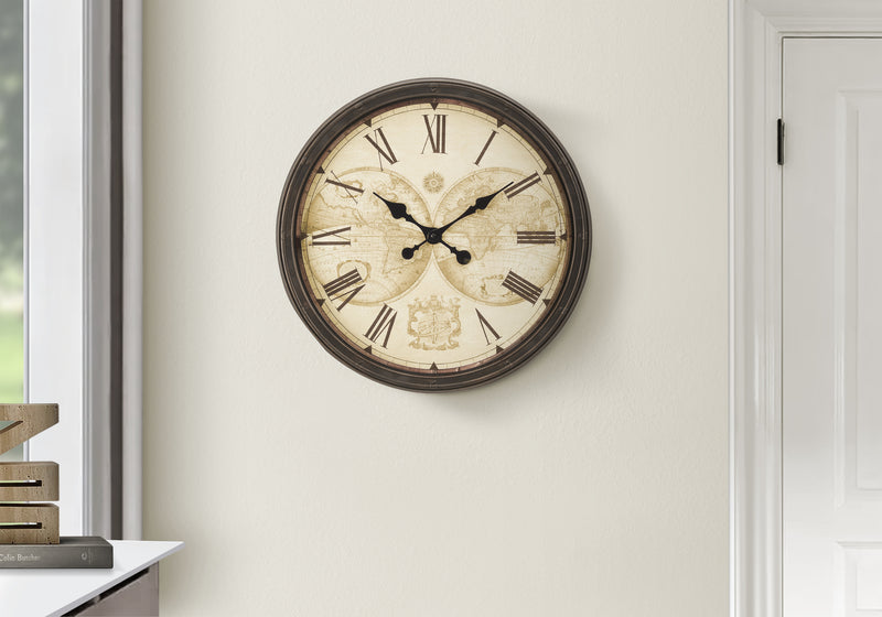 Horloge murale ronde de 20 po de style transitionnel marron antique - Décor vintage