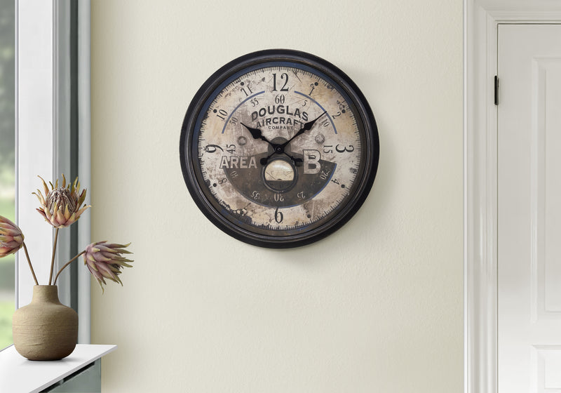 Horloge murale ronde de 20 po de style transitionnel marron antique - Décor vintage