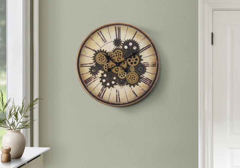 Horloge murale ronde de 20 po avec mécanisme à engrenages en marron - Style transitionnel