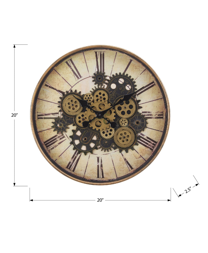 Horloge murale ronde de 20 po avec mécanisme à engrenages en marron - Style transitionnel