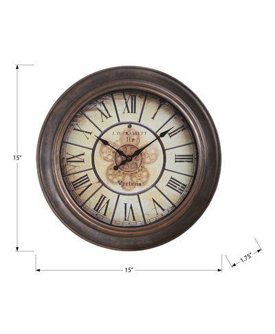 Horloge murale ronde de 15 pouces de style vintage, style transitionnel, marron antique