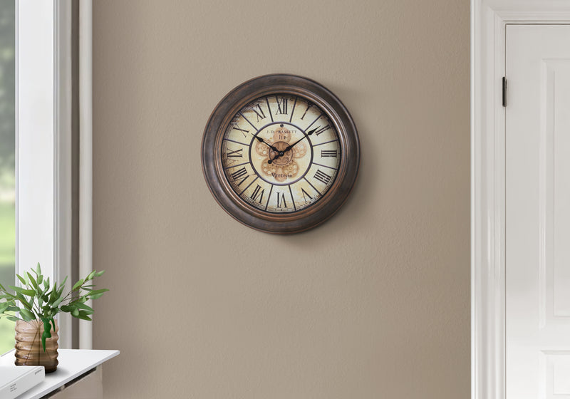 Horloge murale ronde de 15 pouces de style vintage, style transitionnel, marron antique