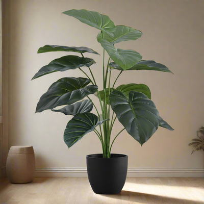 Plante artificielle Alocasia de 61 cm de haut – Fausse verdure au toucher réel, table décorative d'intérieur, pot noir