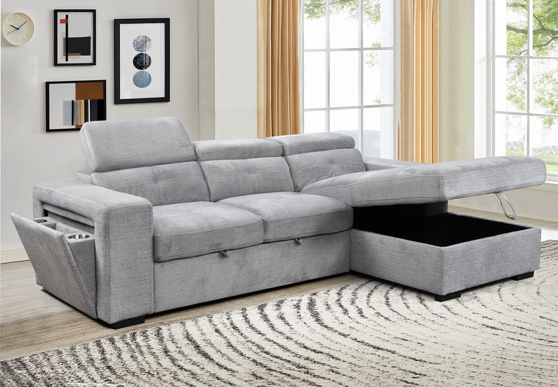 RHF Grey Chaise Sofa Bed with Storage, Charger & Adjustable Headrests