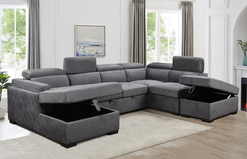 Grey Chaise Sofa Bed with Storage & Adjustable Headrests