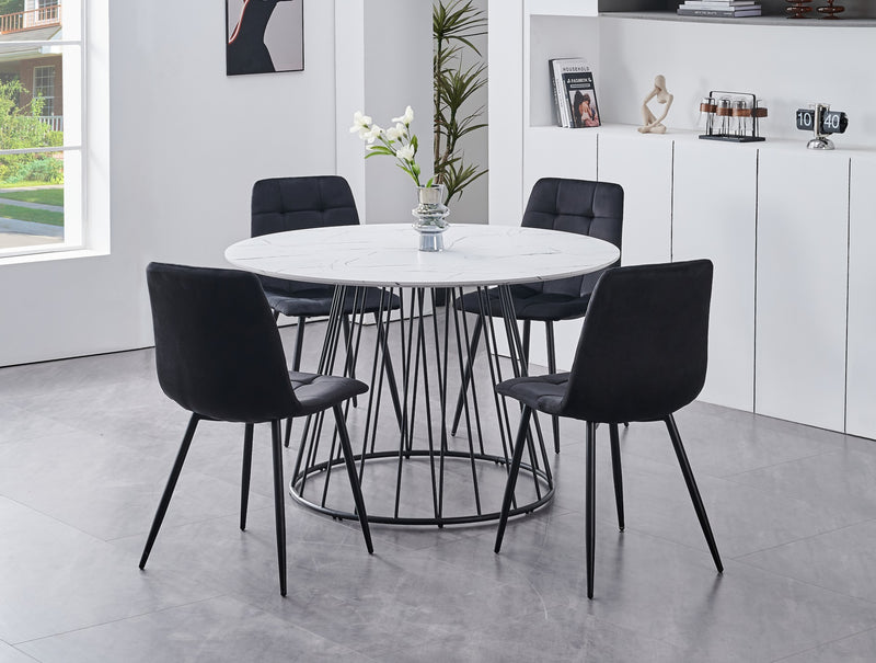 Marble Top Table & Velvet Chairs Set with Black Steel Base