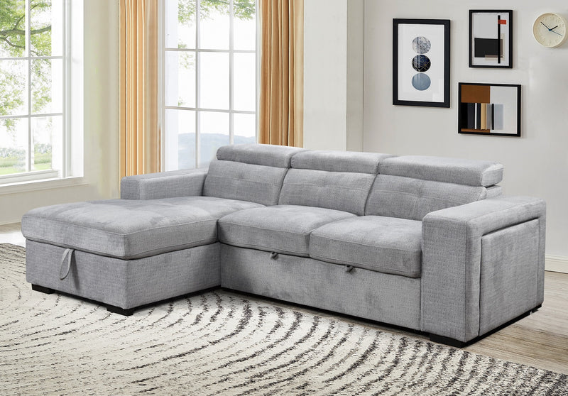 LHF Grey Sofa Bed with Chaise, Charging Station & Storage