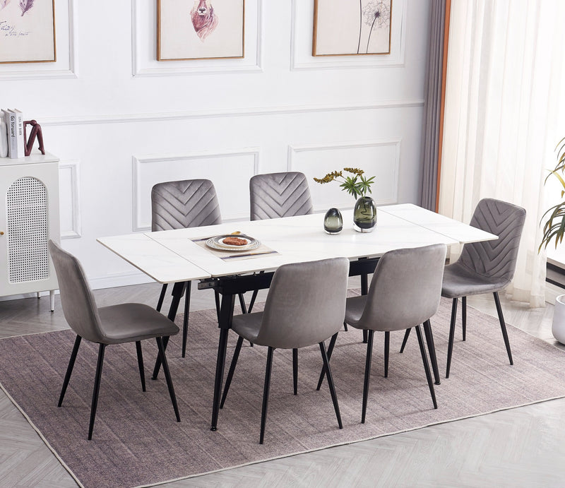 White Marble Extension Dining Table & Grey Velvet Chairs Set