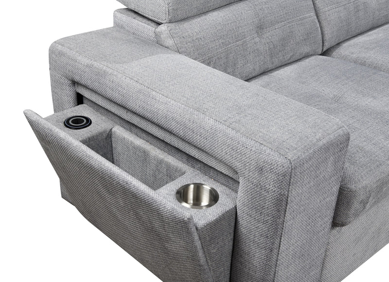 RHF Grey Chaise Sofa Bed with Storage, Charger & Adjustable Headrests