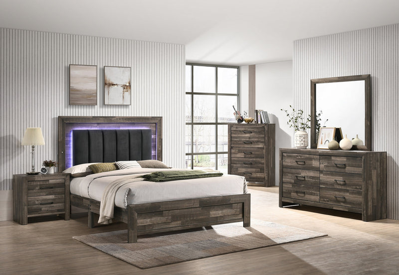 Farmhouse Bedroom set with Velvet Headboard, Dimmable Lights, & Drawers