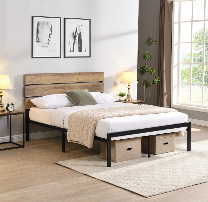 Rustic Wood Grain Platform Bed with Metal Frame & Mattress Support