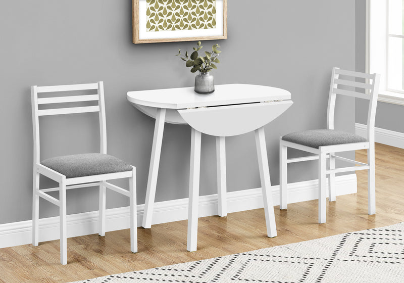 Ensemble de table à manger contemporaine, 3 pièces, petite abattant de 35", métal blanc et stratifié, tissu gris