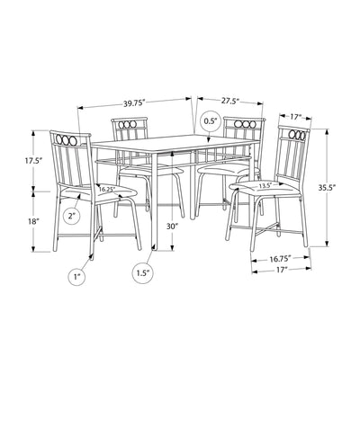 Ensemble de table à manger, 5 pièces, petit rectangulaire de 40 po, stratifié aspect marbre blanc, métal noir