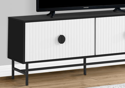 Meuble TV 60" : console multimédia contemporaine, stratifié noir et blanc, armoire de rangement, mobilier moderne