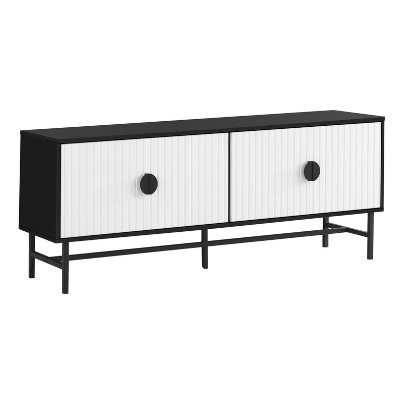 Meuble TV 60" : console multimédia contemporaine, stratifié noir et blanc, armoire de rangement, mobilier moderne