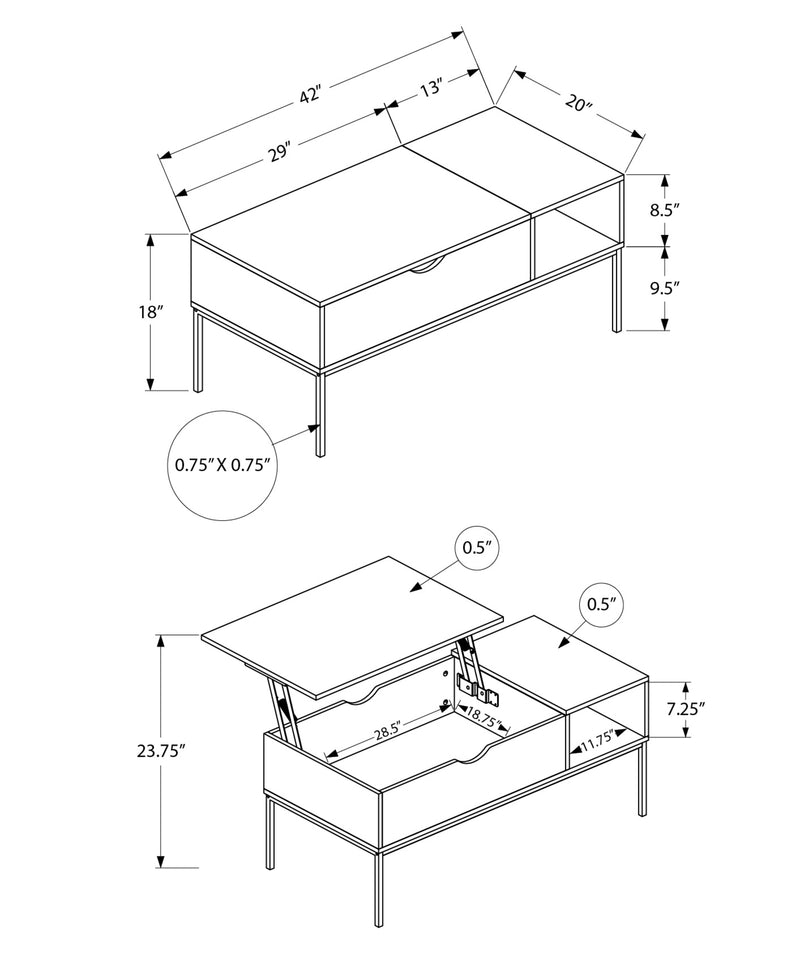 Table basse à plateau relevable, 42" L, rectangulaire, gris, métal noir - Contemporain et moderne