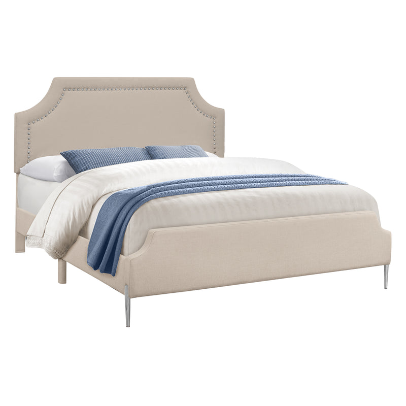 Lit rembourré transitionnel – Queen Size, aspect lin beige, pieds chromés