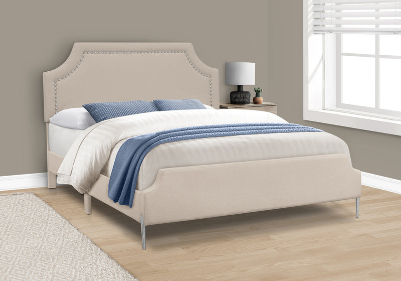 Lit rembourré transitionnel – Queen Size, aspect lin beige, pieds chromés