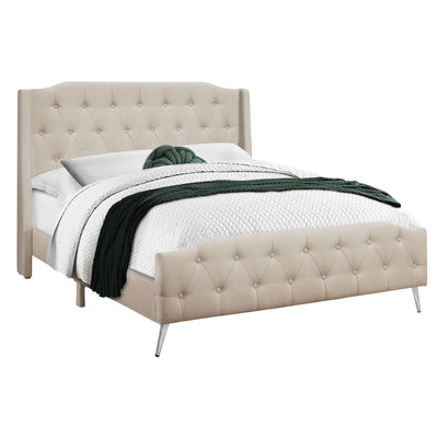 Cadre de lit rembourré Queen Size avec aspect lin beige - Style transitionnel