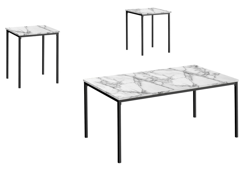 Ensemble de table basse et de bout contemporain en métal noir, 3 pièces, avec stratifié aspect marbre blanc