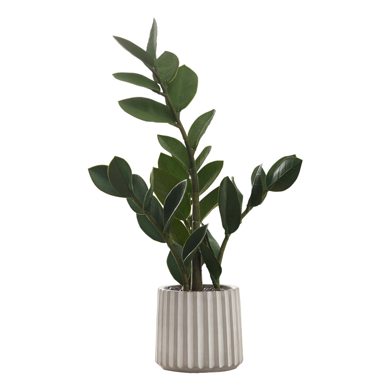 Plante artificielle Zz de 20 po de hauteur – Feuilles vertes au toucher réel, pot en ciment gris – Fausse verdure de table d&