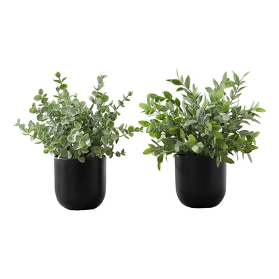 Ensemble de 2 fausses plantes d'eucalyptus – 11" de haut, décoration de table d'intérieur, feuilles vertes, pots noirs