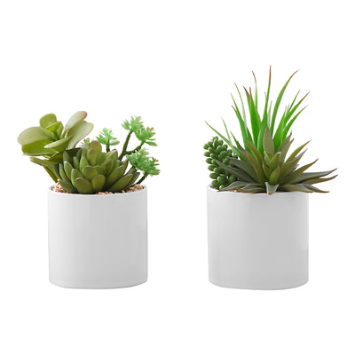 Ensemble de 2 fausses plantes succulentes, 7" de haut, verdure intérieure, pots décoratifs en céramique blanche